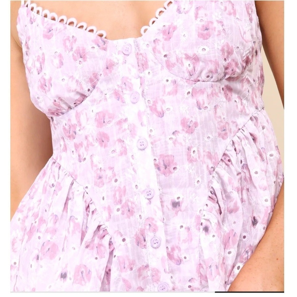 Lulus Enchanting Sweetie Lilac Floral Eyelet Button Up Cami Top Size Medium - Picture 7 of 7